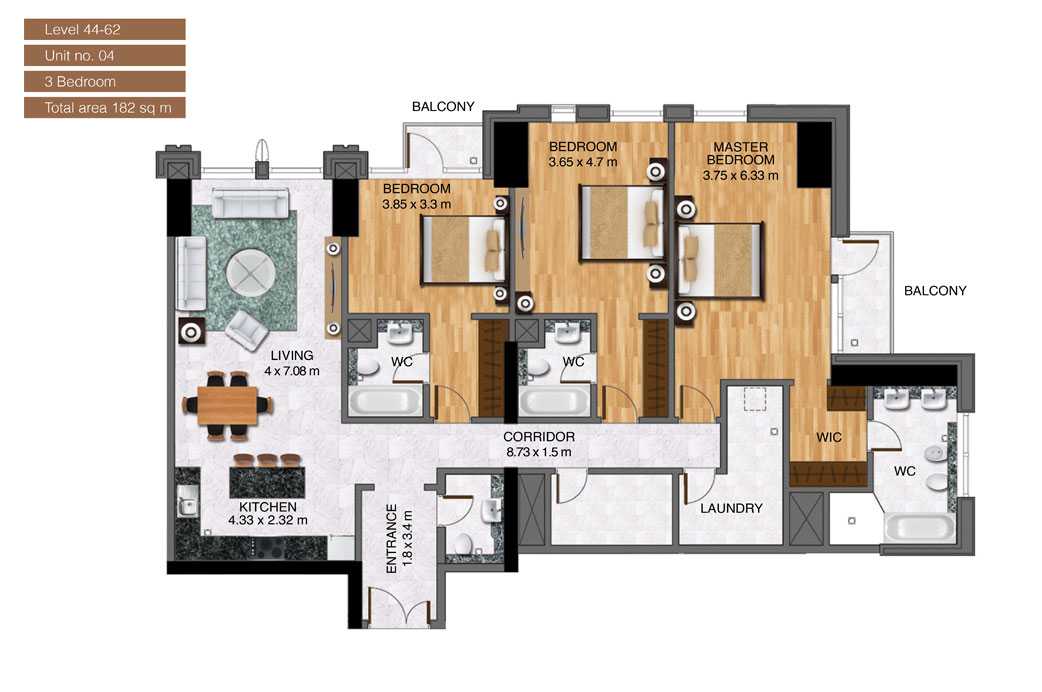 Level-44-62,Unit-no-4-,3-Bedroom-,Size-182-Sq m